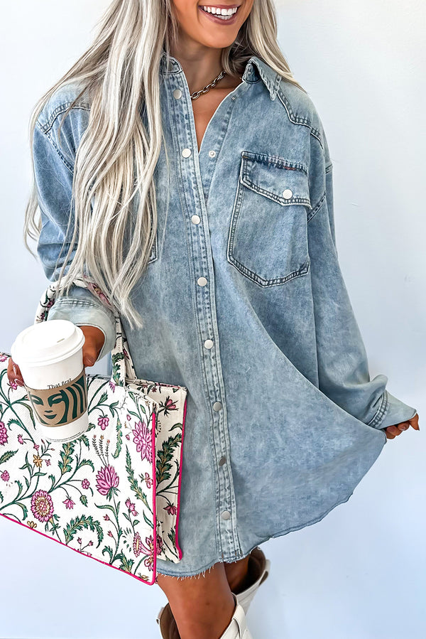 Chest Pocket Raw Hem Denim Loose Shirt Dress