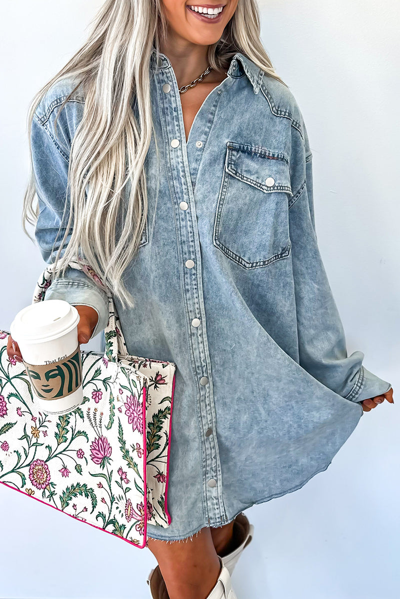 Chest Pocket Raw Hem Denim Loose Shirt Dress