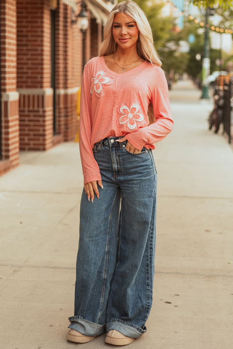 Floral Patchwork V Neck Long Sleeve T Shirt