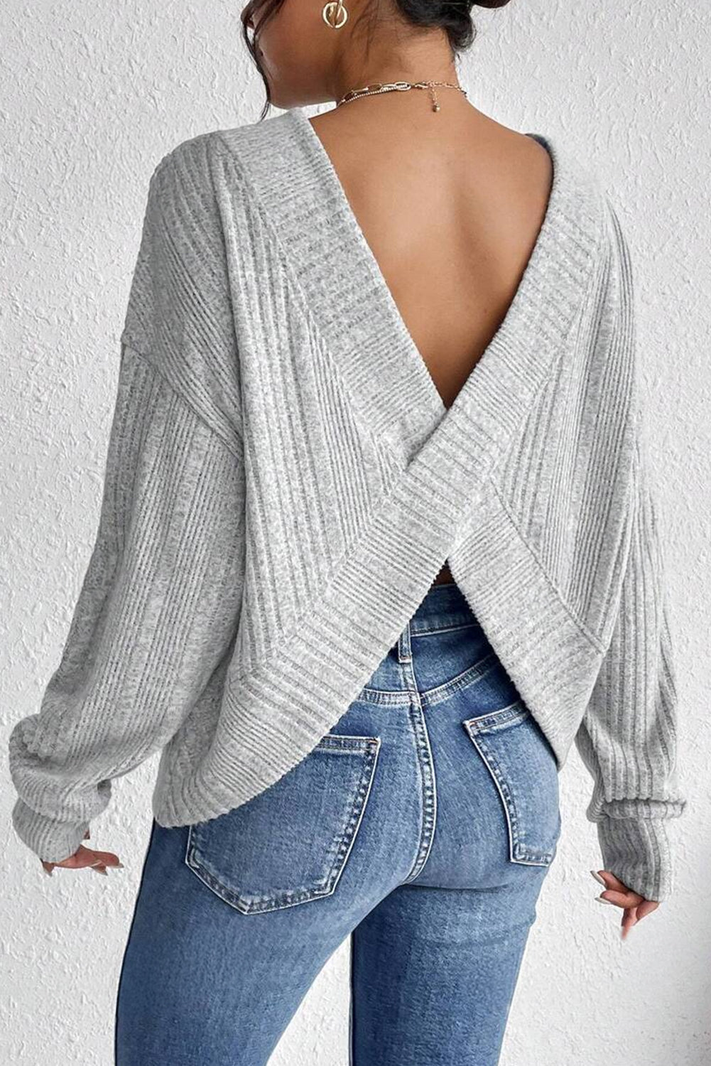 Textured Crossover Backless Knit Long Sleeve Top
