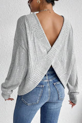 Textured Crossover Backless Knit Long Sleeve Top