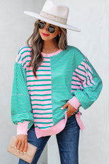 Stripe Mix Pattern Color Block Patchwork Side Slit Baggy Sweatshirt