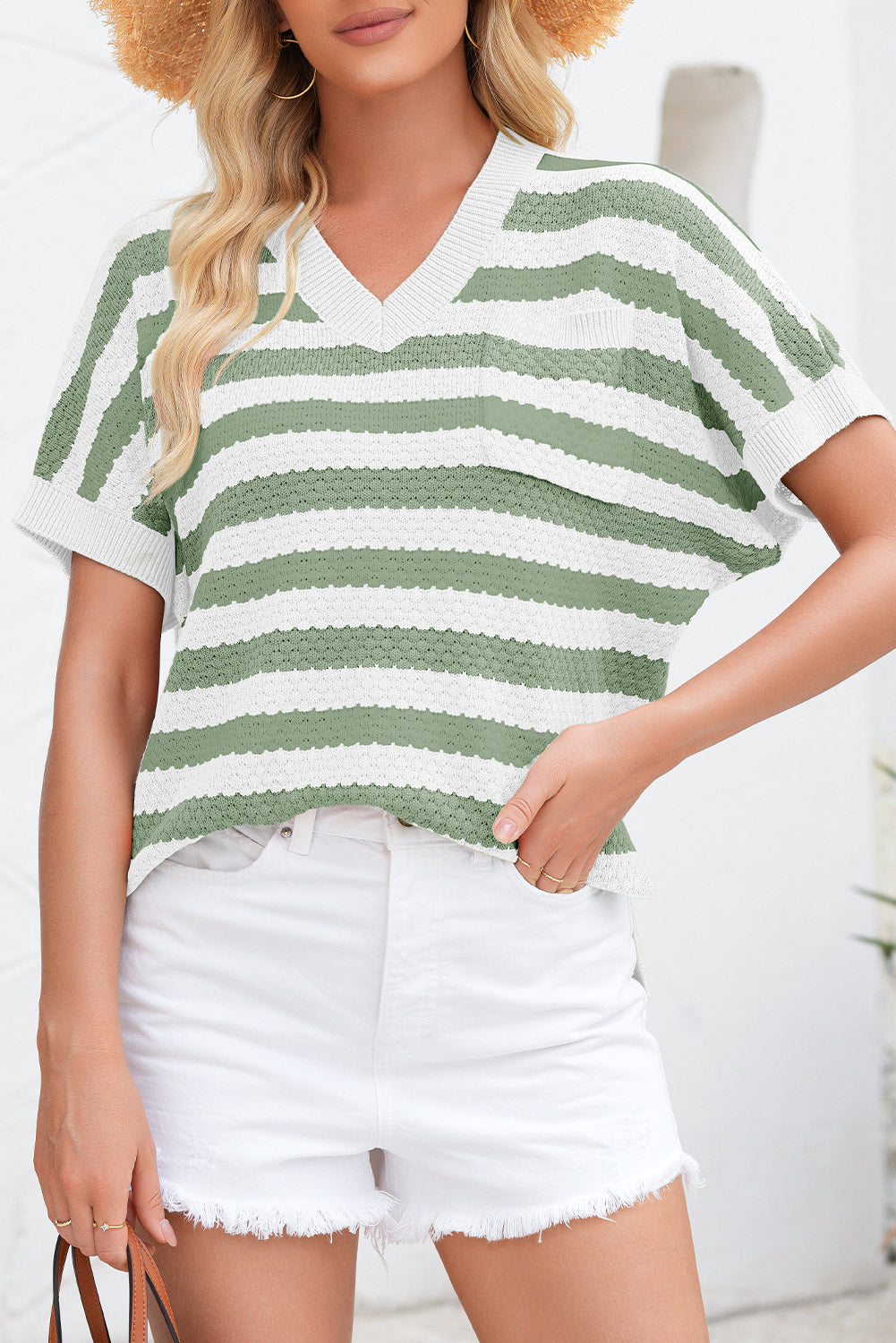Stripe V Neck Short Sleeve Sweater with Side Slits