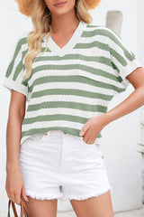 Stripe V Neck Short Sleeve Sweater with Side Slits