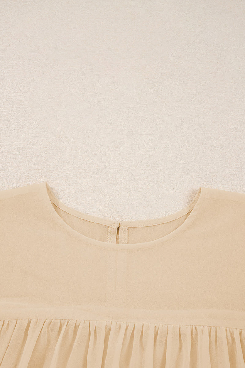 Beige Pleated Ruffle Long Sleeve Chiffon Blouse