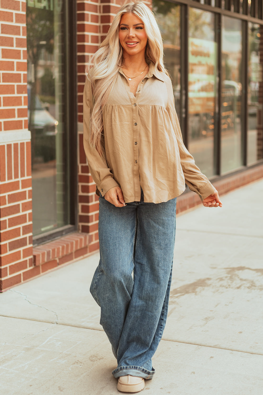 Light French Waffle Patchwork Button Up Frayed Hem Shirt