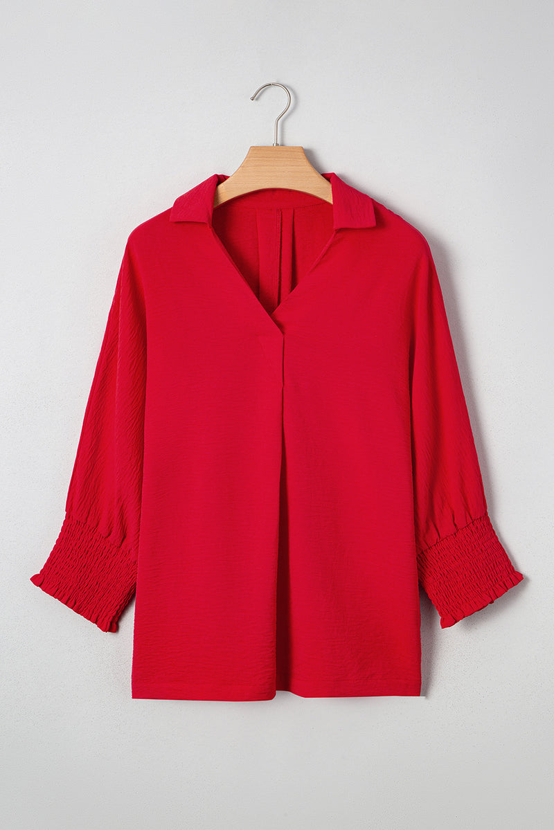 V Neck Collared Shirred 3/4 Sleeve Oversized Tunic Top