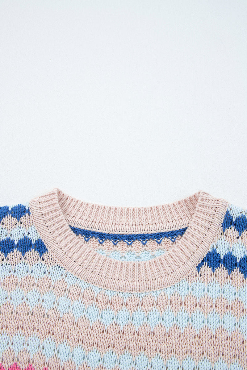 Stripe Eyelet Patterned Drop Shoulder Sweater