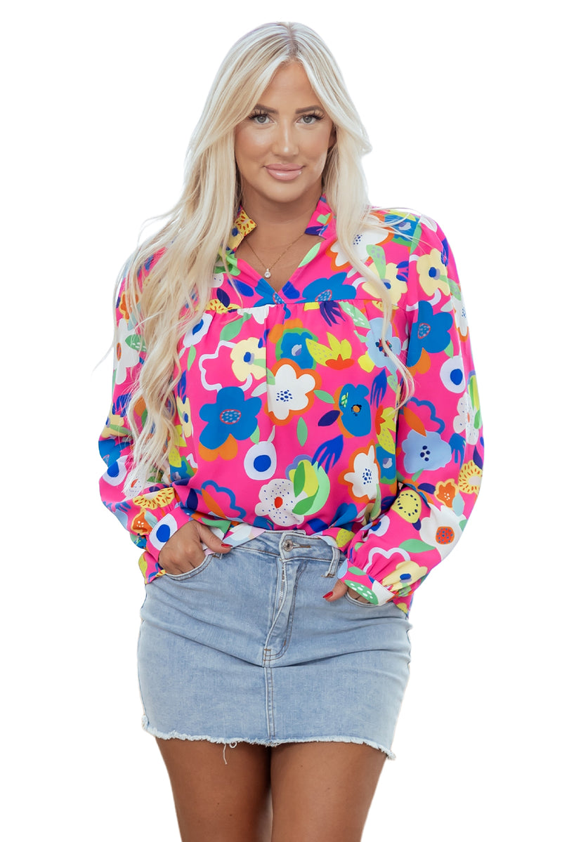 Rose Pink Flower Bomb V Neck Blouse