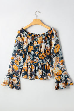 Floral Off Shoulder Bell Sleeve Smocked Peplum Top