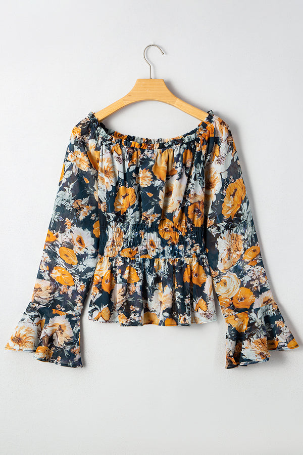 Floral Off Shoulder Bell Sleeve Smocked Peplum Top