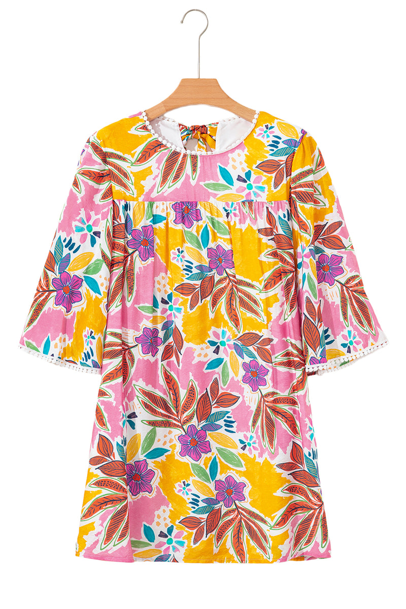 Floral Print Lace Trimmed Tie Back Bell Sleeve Swing Mini Dress
