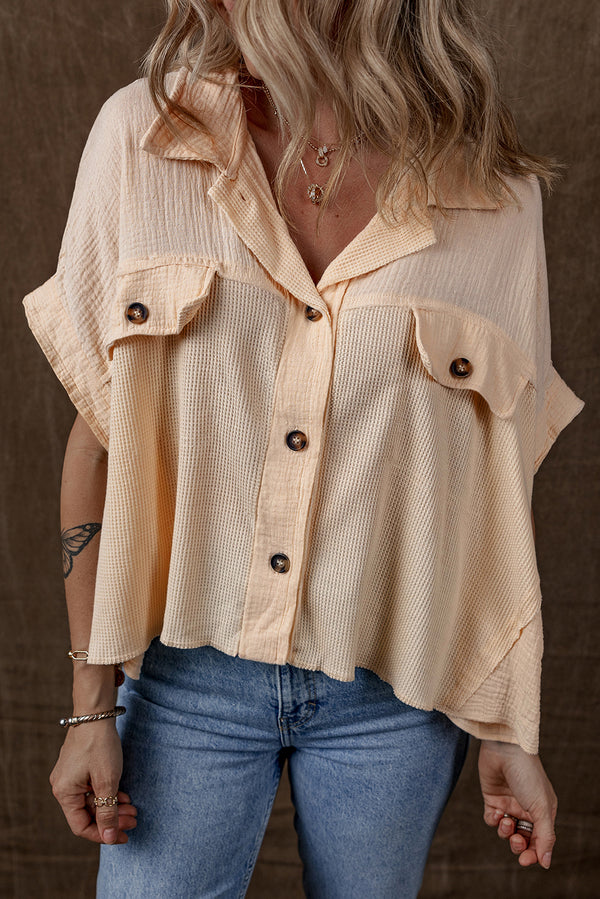 Waffle Splicing Short Batwing Sleeve Flap Detail Shirt