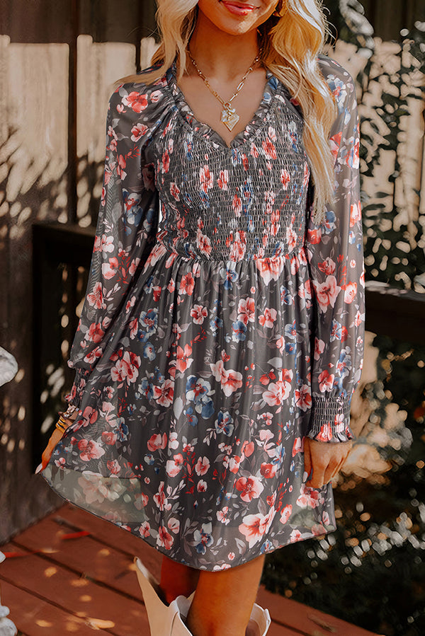 Frilly Smocked Bodice Floral Mesh Long Sleeve Mini Dress