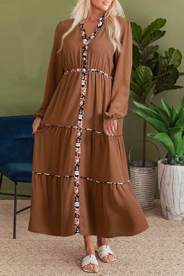 Floral Patchwork Detail Notched Neck Long Sleeve Maxi Dress