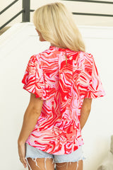 Abstract Print Ruffled Short Sleeve Mock Neck Blouse