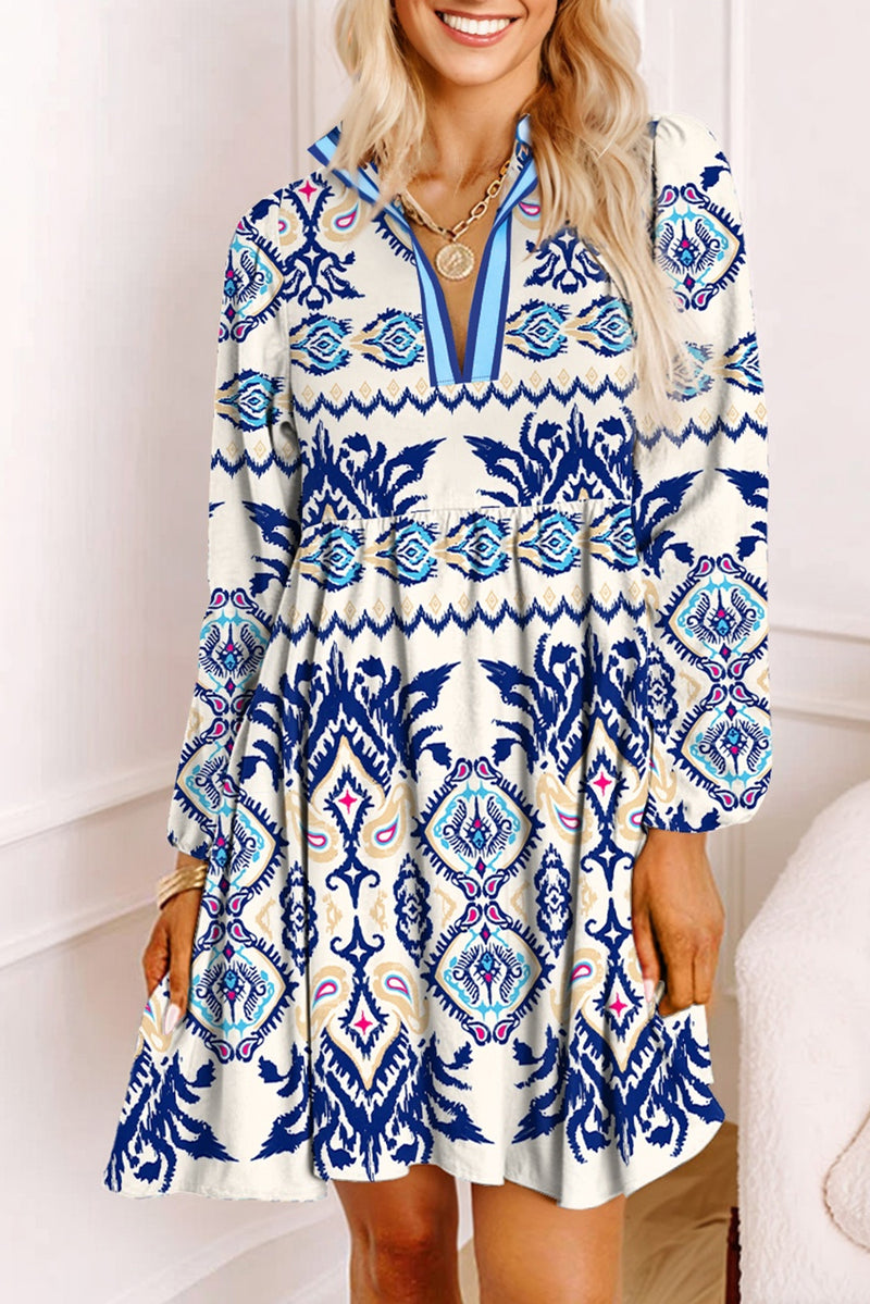 Ethnic Print Striped Split Neck Long Sleeve Flowy Mini Dress