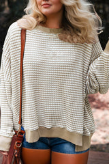 Pale Khaki Stripe Plus Size Breathable Knit Ribbed Trim Long Sleeve Top