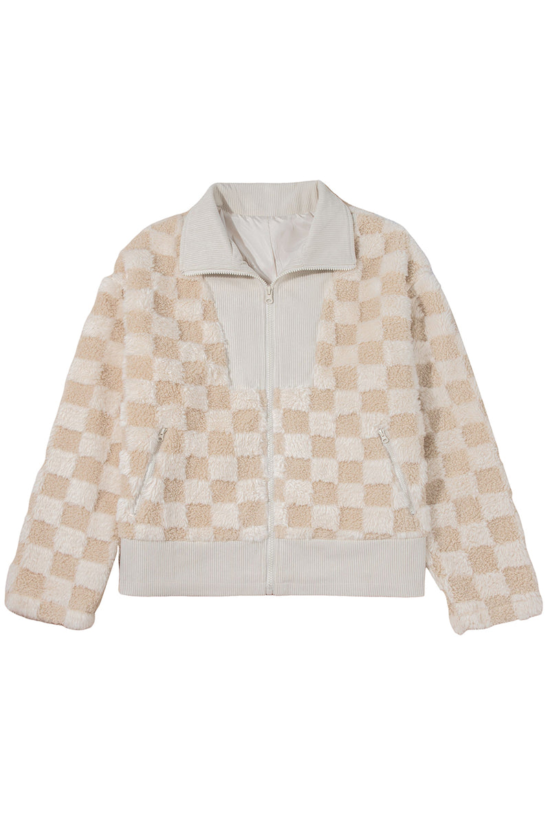 Checker Sherpa Corduroy Patchwork Zip up Collared Jacket