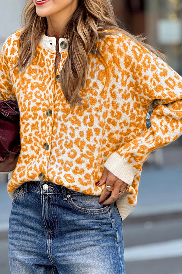 Leopard Drop Shoulder Chunky Knitted Cardigan Sweater