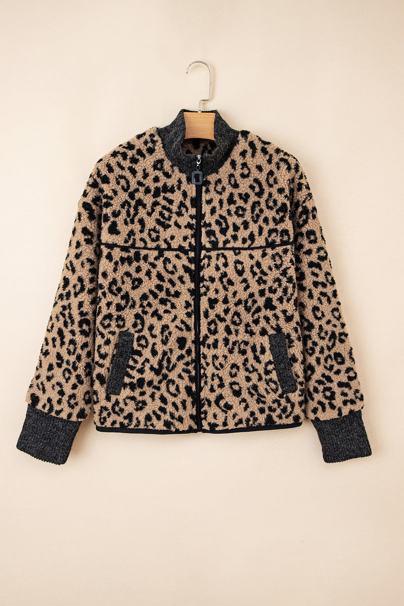 Leopard Print Zip Up Stand Neck Side Pocket Jacket
