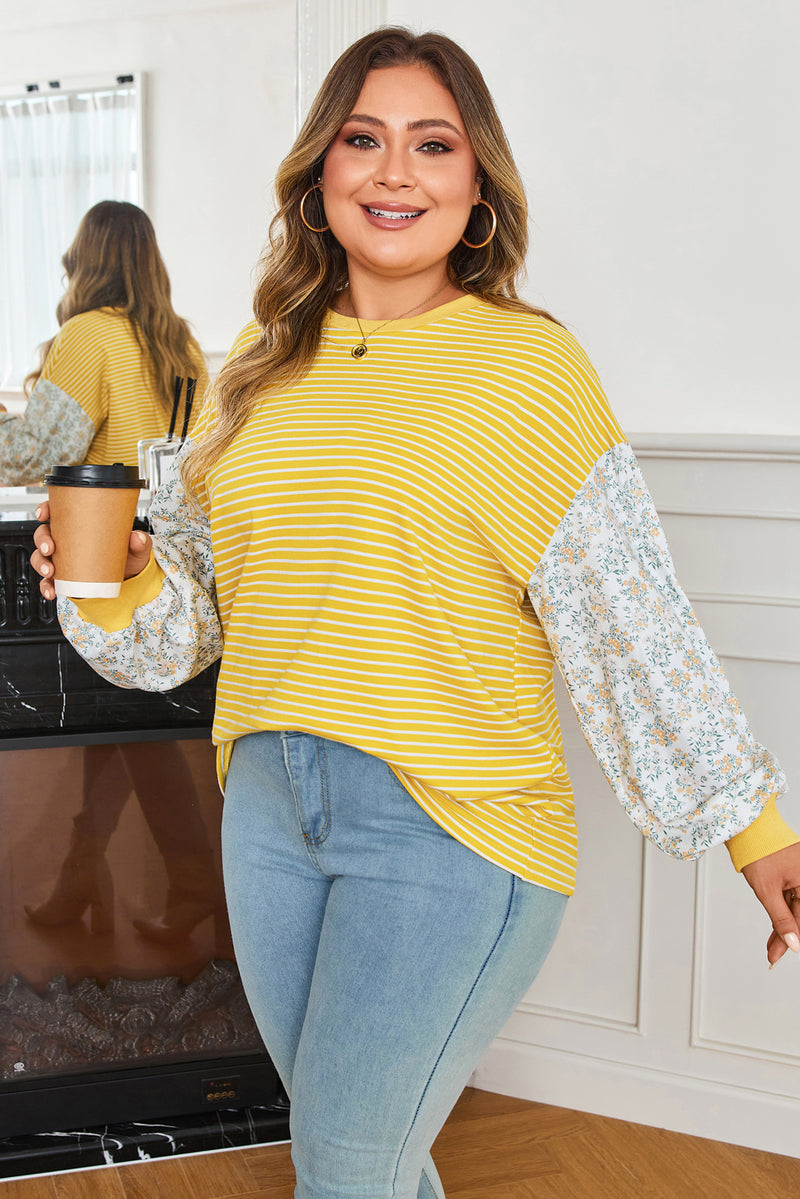 Stripe Striped Contrast Floral Sleeve Patchwork Plus Size Loose Top