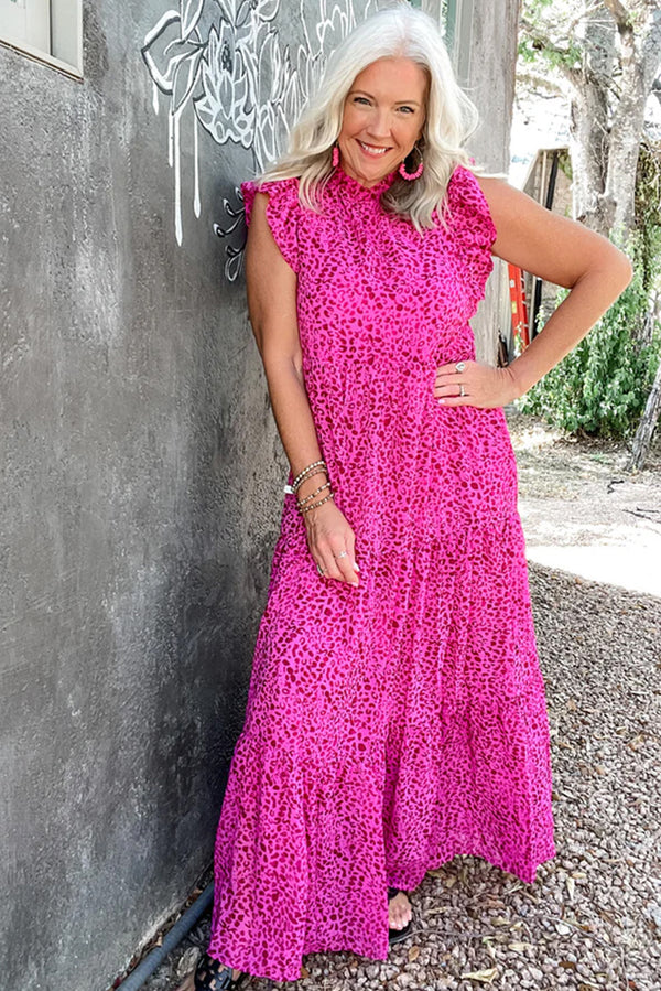 Leopard Print Short Sleeves Ruffled Trim Tiered Maxi Dress