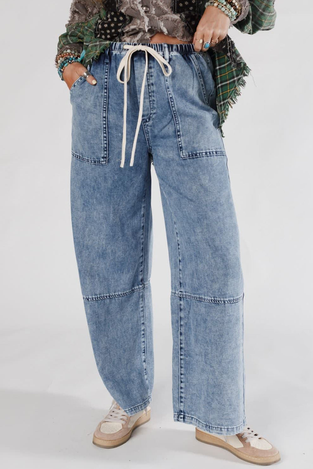 Acid Wash Exposed Seam Drawstring High Waist Jeans
