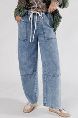 Acid Wash Exposed Seam Drawstring High Waist Jeans
