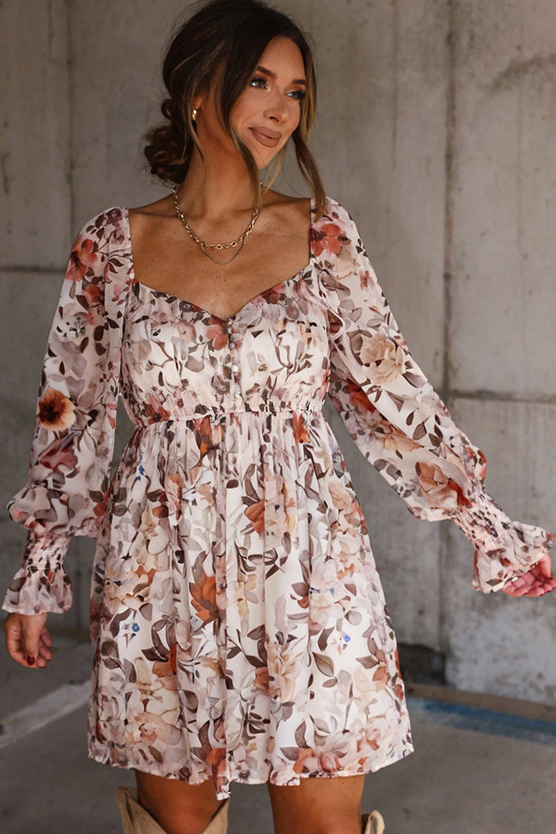 Floral Print Sweetheart Neck Long Sleeve High Waist Mini Dress