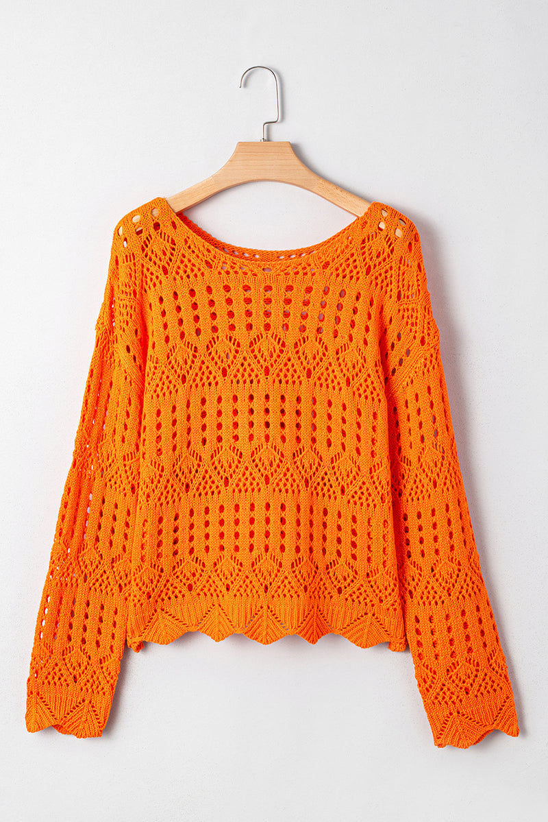 Orange Solid Color Open Crochet Scallop Edge Sweater