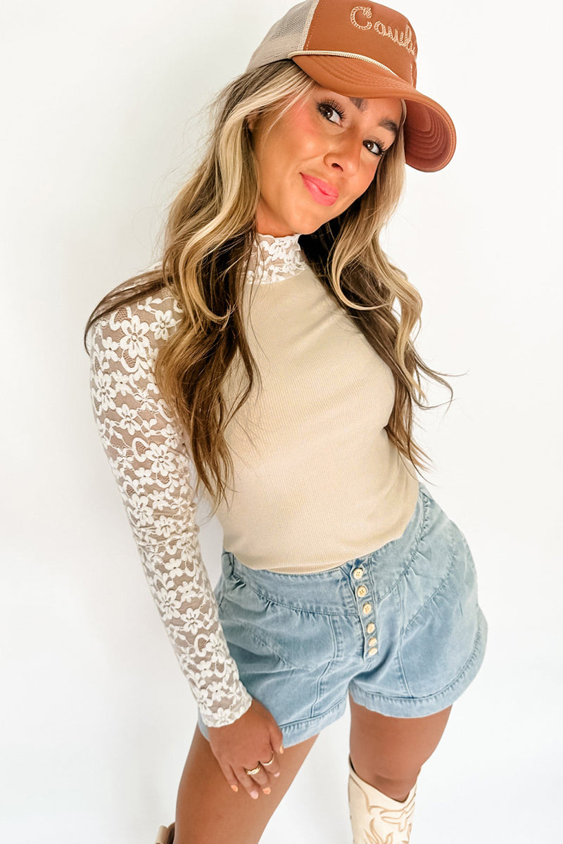 Solid Floral Lace Patchwork Long Sleeve High Neck Slim Top