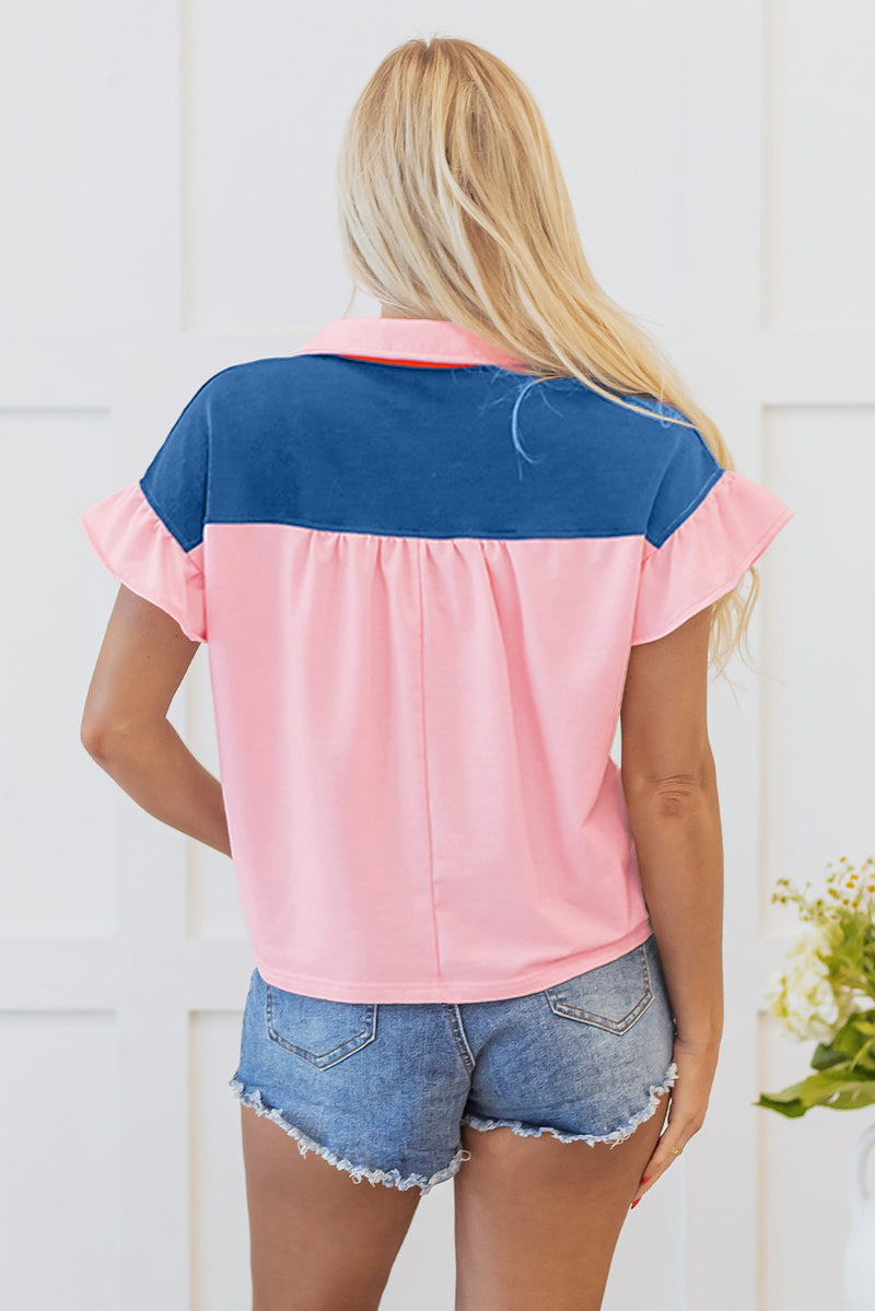 Color Block Half Buttoned Ruffled Short Sleeve T Shirt