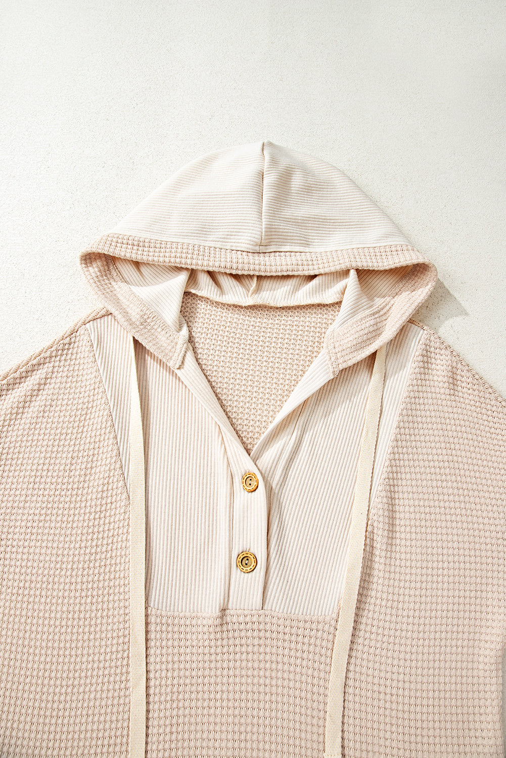 Waffle Patchwork Drop Shoulder Hooded Long Sleeve Top