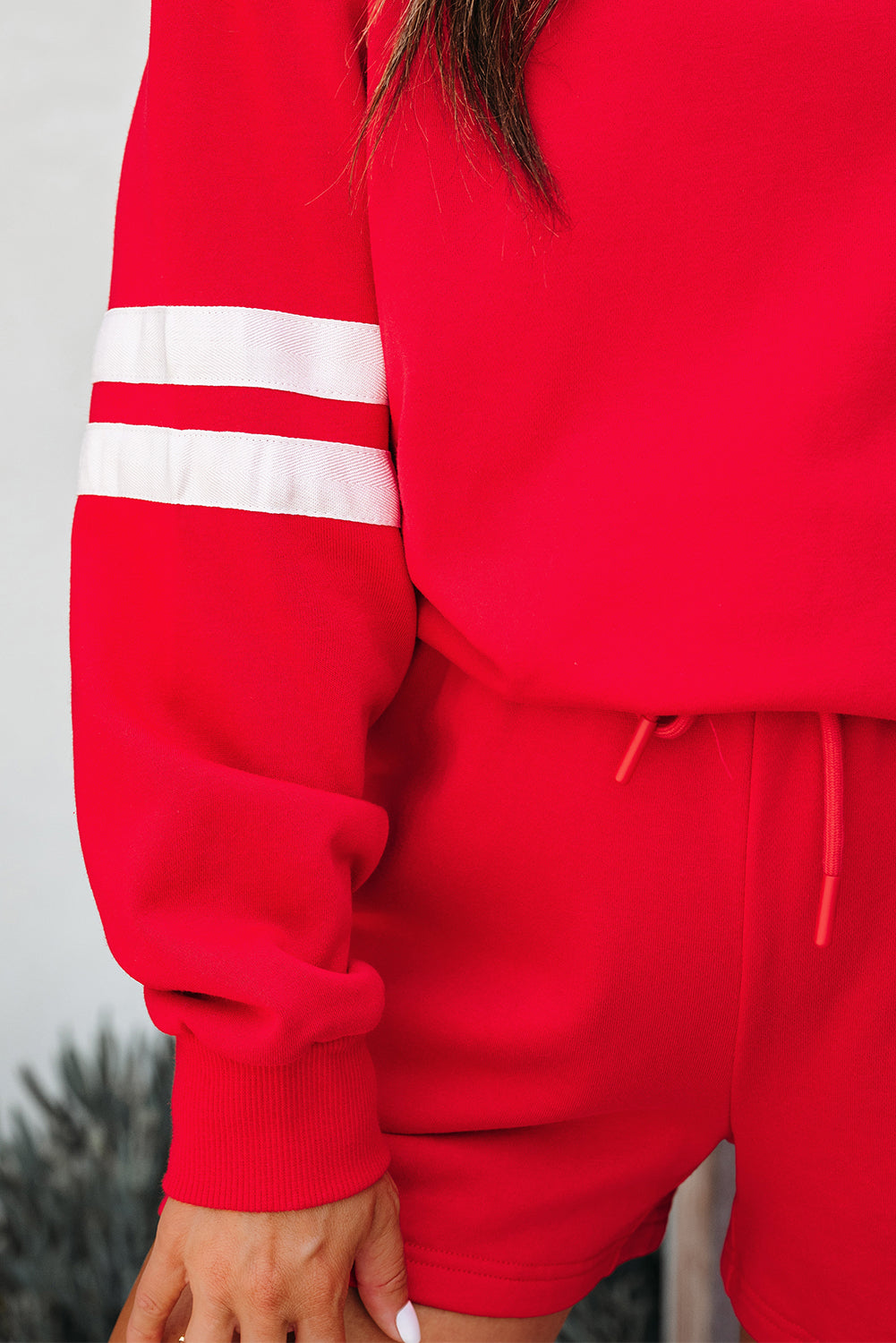 Solid Varsity Striped Sleeve Drop Shoulder Sweatshirt and Short Set