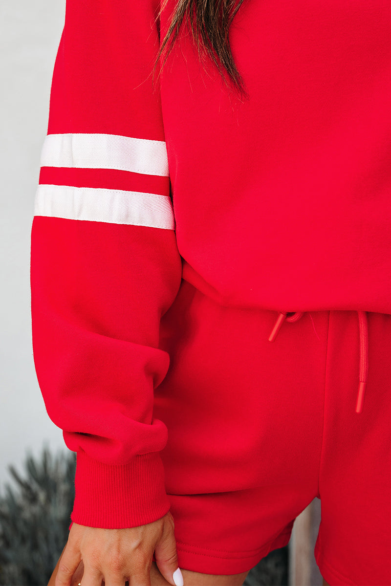 Solid Varsity Striped Sleeve Drop Shoulder Sweatshirt and Short Set
