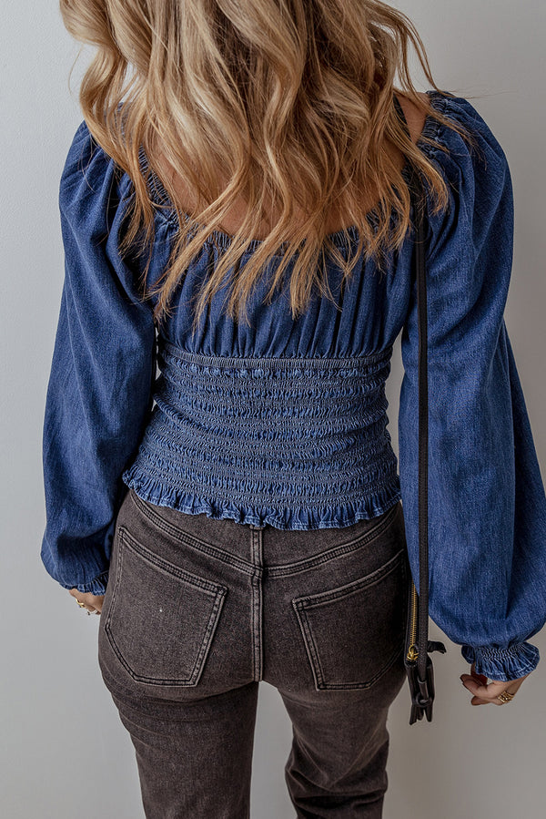Smocked Ruffled Puffed Long Sleeves V Neck Denim Blouse