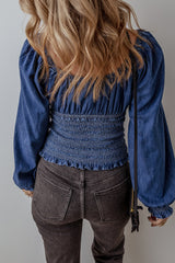 Smocked Ruffled Puffed Long Sleeves V Neck Denim Blouse