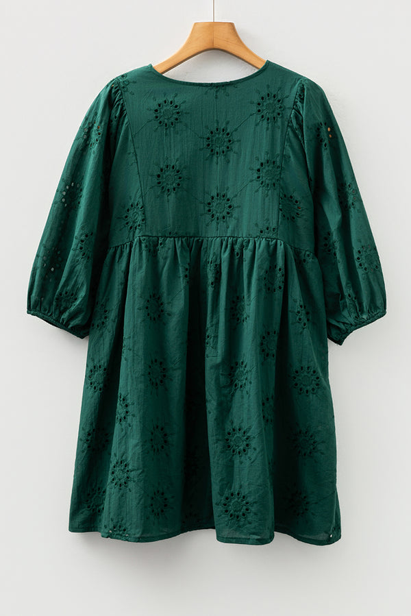 Embroidered Eyelet Pattern 3/4 Puffy Sleeve Swing Mini Dress