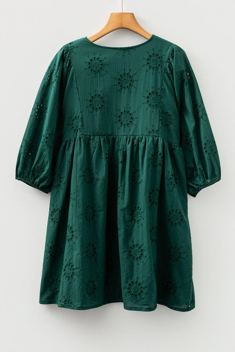 Embroidered Eyelet Pattern 3/4 Puffy Sleeve Swing Mini Dress