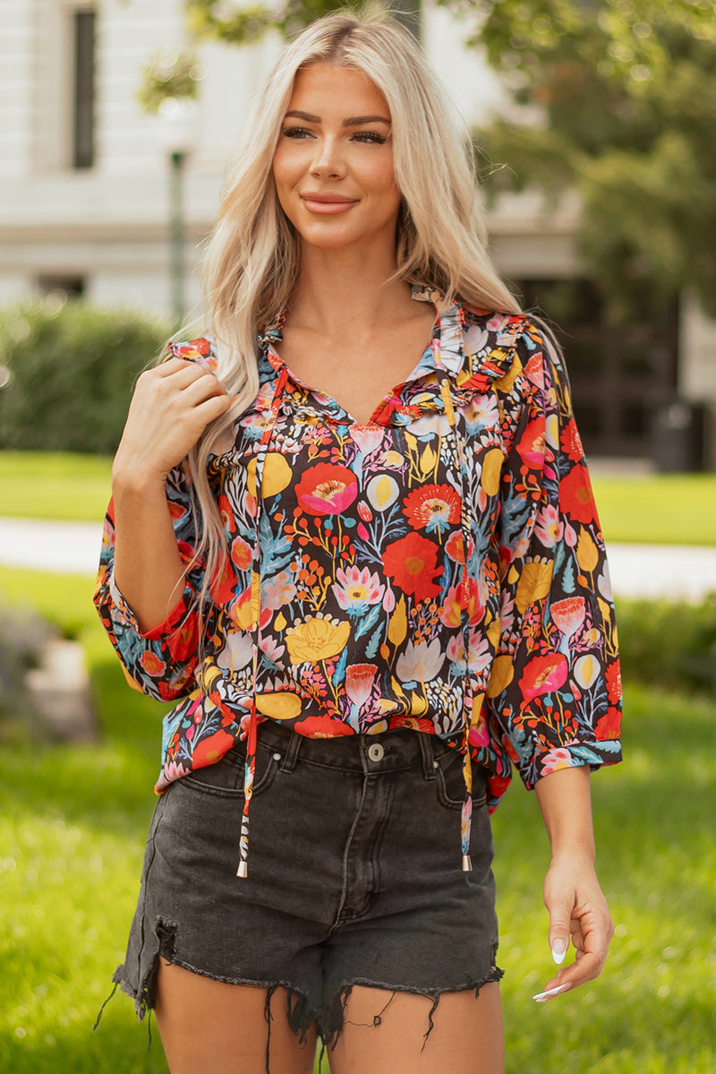 Floral 3/4 Puff Sleeve Tied Neck Blouse