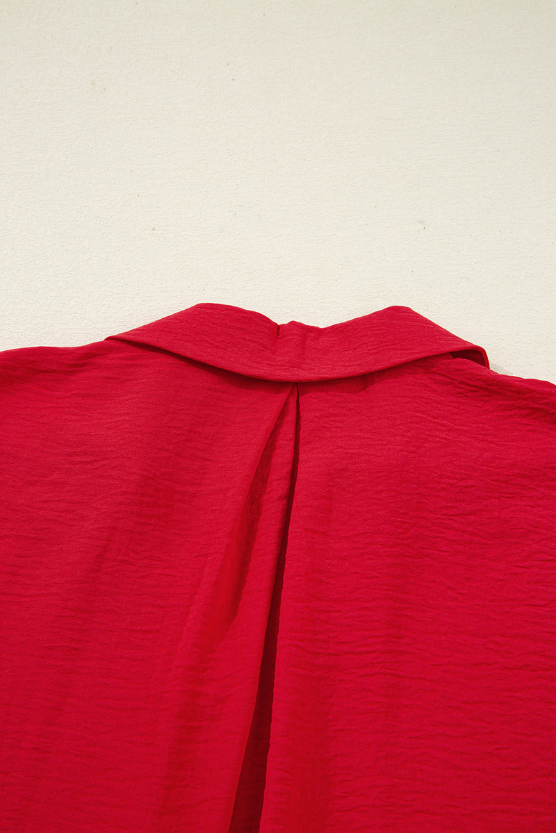V Neck Collared Shirred 3/4 Sleeve Oversized Tunic Top