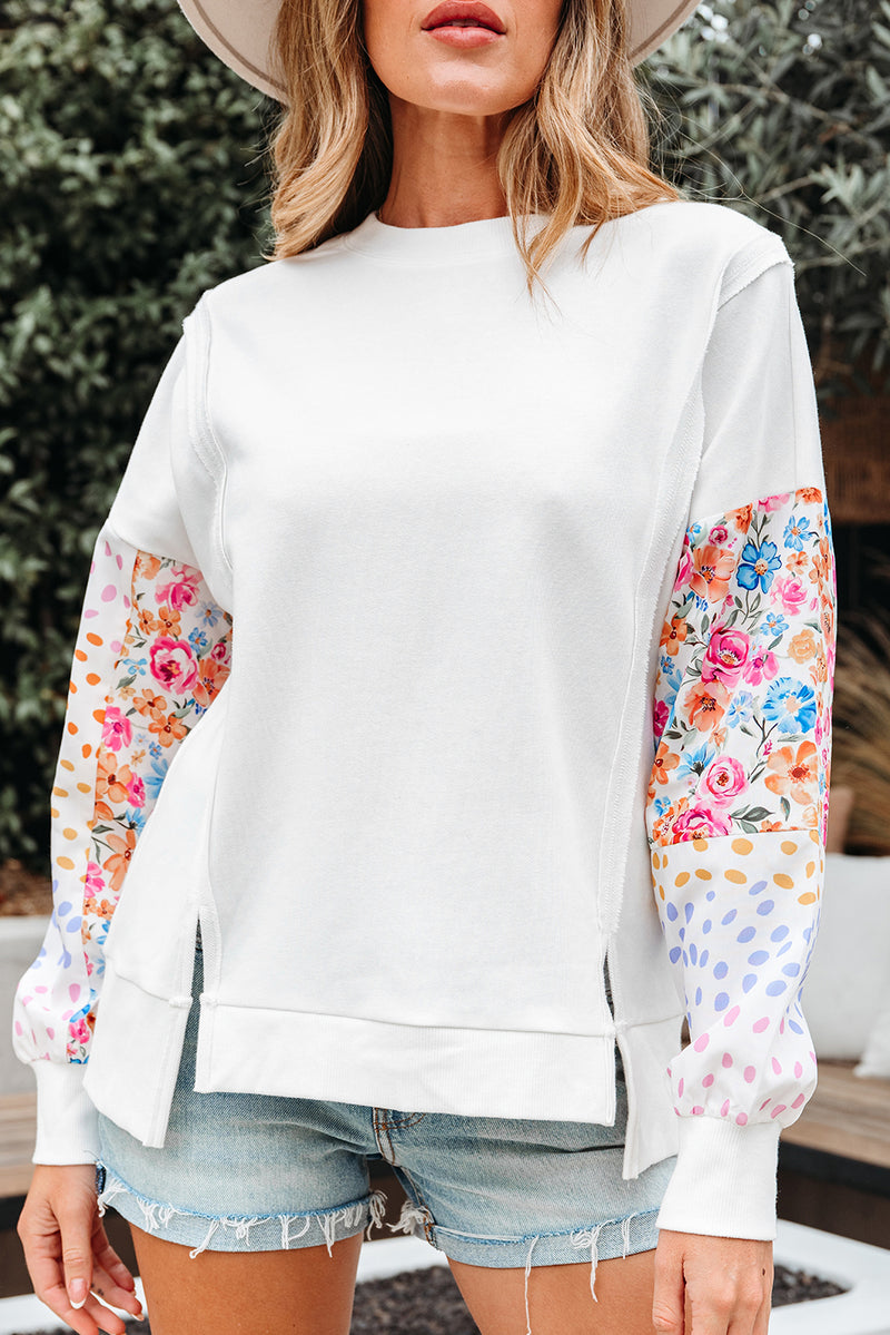 Floral Dotted Mixed Print Patchwork Sleeve High Low Casual Sweatshirt