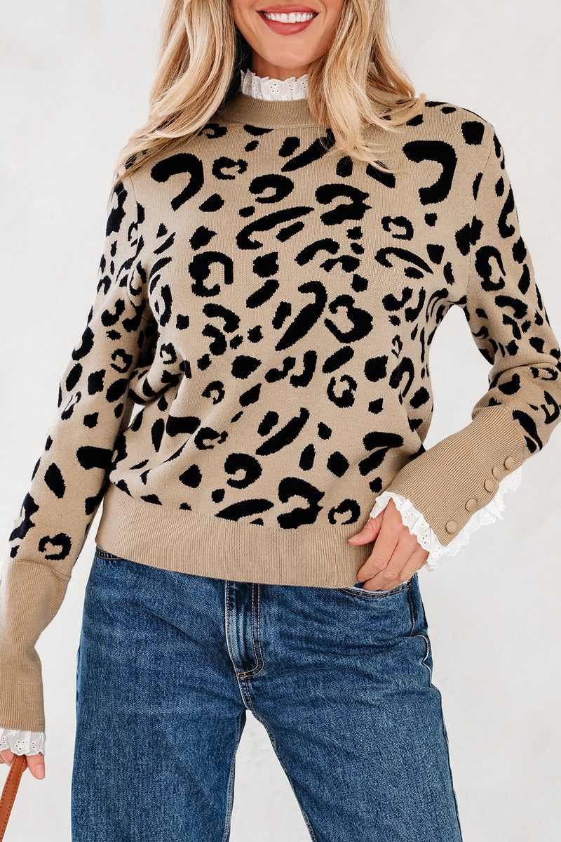 Leopard Pattern Lace Ribbed Detail Button Cuffed Sweater
