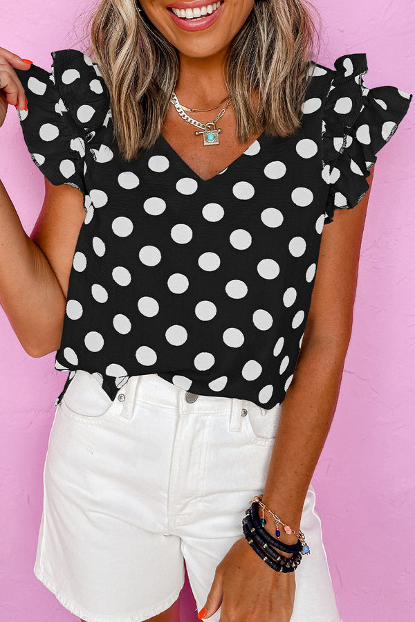 Polka Dot Print Ruffled Sleeve V Neck Blouse