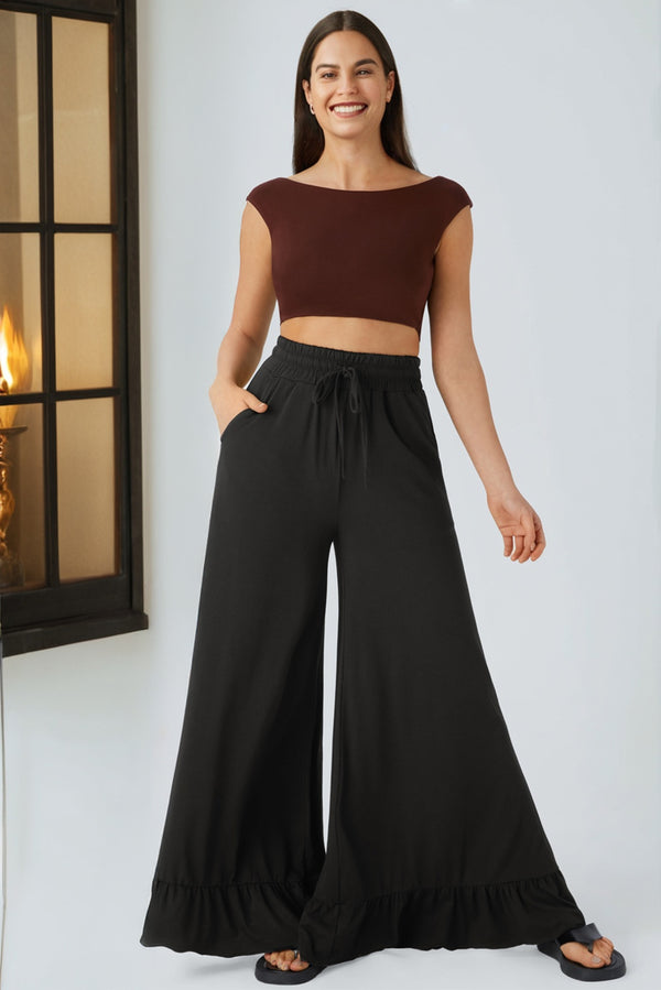 Ruffled Wide Leg Pull On High Waist Pants with Pockets