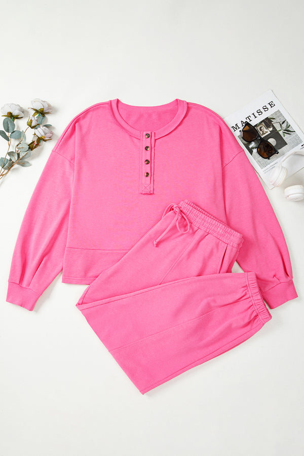 Plus Size Henley Drop Shoulder Pullover and Jogger Pants Two Piece Set