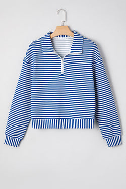 Stripe Quarter Zip Collar Pullover Long Sleeve Top