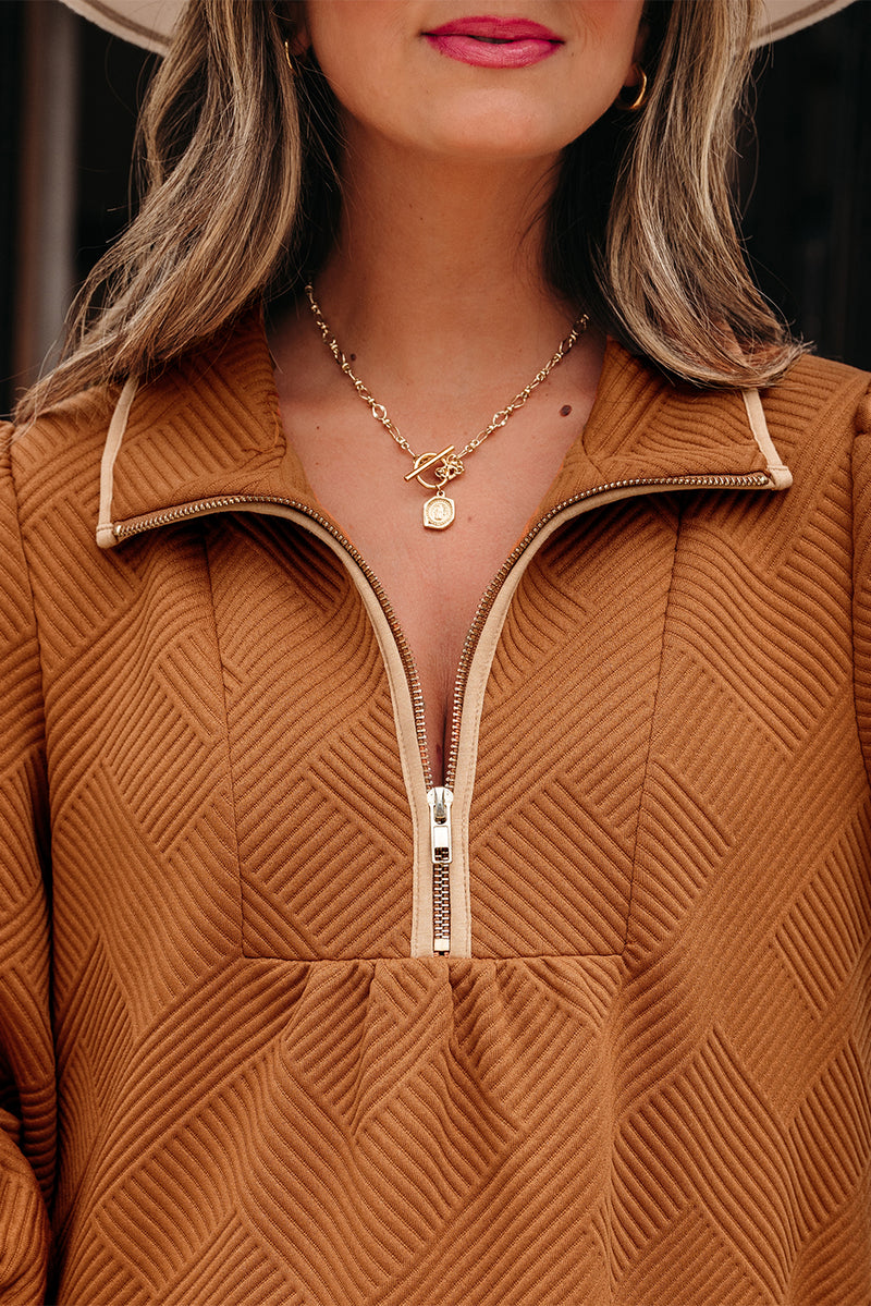 Quarter Zip Collar Bracelet Sleeve Textured Mini Dress