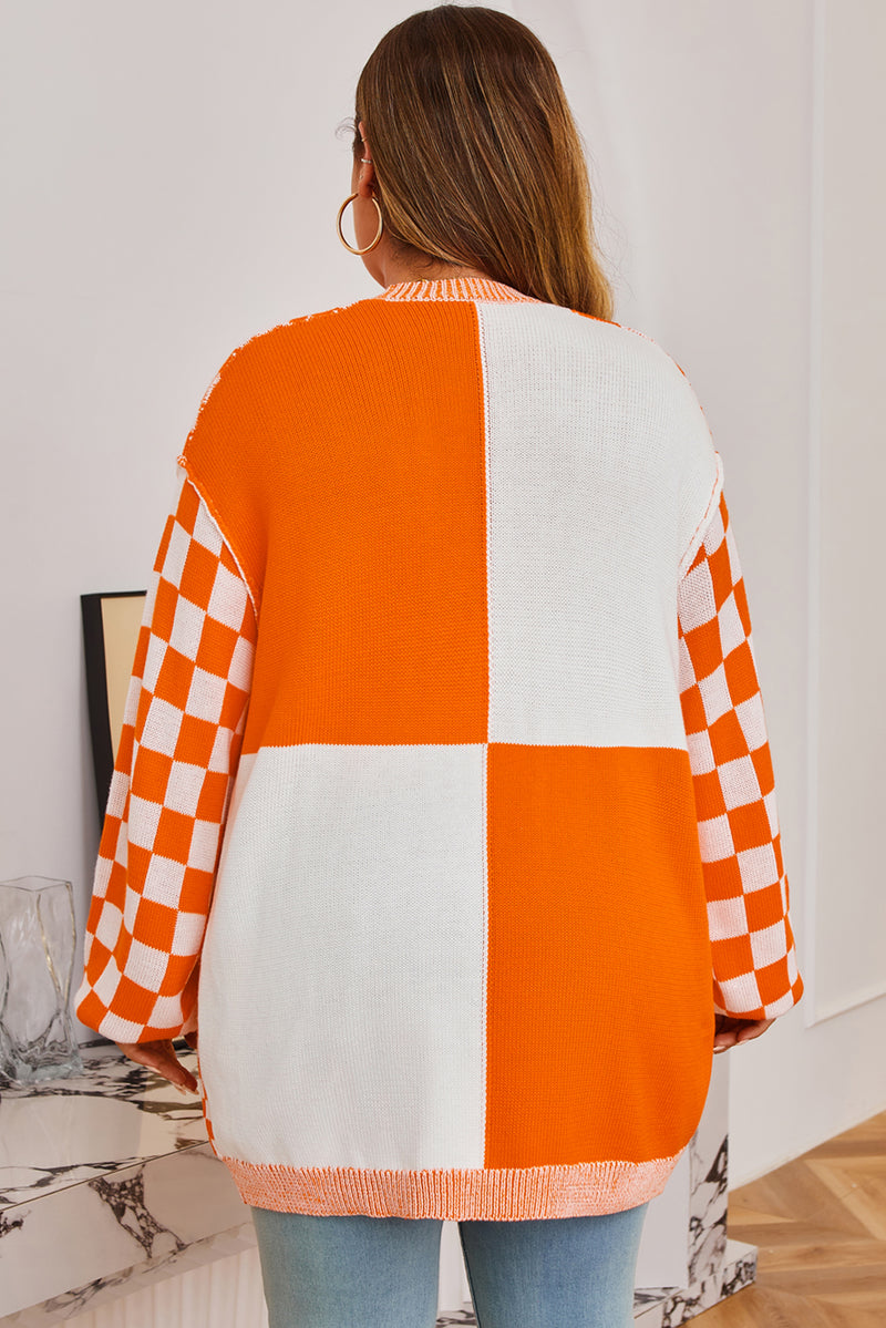 Checkered Bubble Sleeve Drop Shoulder Open Cardigan